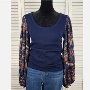 LOFT Navy Blue Ribbed Knit Top Small Floral Chiffon Balloon Sleeve Cotton Blend